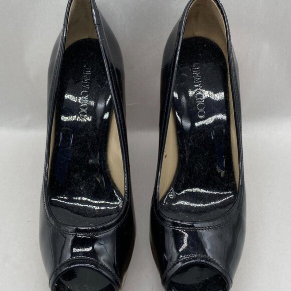 Jimmy Choo Black Patent Leather Peep Toe Cork Wedge Heels - Picture 3 of 8
